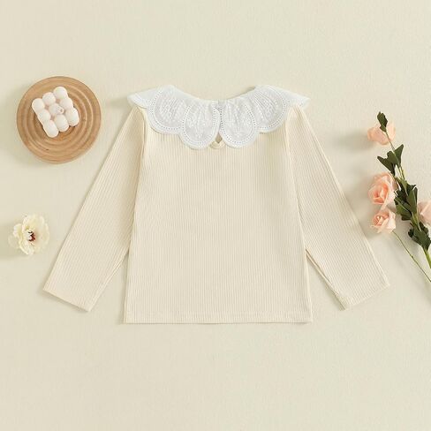 Toddler Kids Girls Long Sleeve T-Shirt Peter Pan Collar Lace Patchwork Ribbed Tops Fall Clothes for Casual Daily in Saudi Arabia