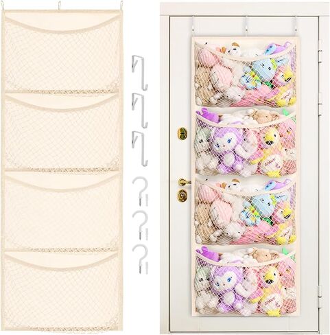 Cotton Over The Door Stuffed Animal Storage | Toy Organizer for Storage Plush Toys, Stuffed Animal Holder with 4 Large Pockets, Hanging Door Organizer for Nursery in Saudi Arabia