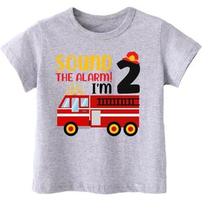 Toddler Boys 2nd Birthday Shirt, Two Handsome Dinos Firetruck Two Years Old Birthday Gift, Short Sleeve Tees in Kuwait