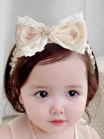Baby Girls Hairband White Bow Lace Headbands Handmade Soft Stretchy Bowknot Hairbands Newborn Headband with Bows Pearls Elastic Head Band for Newborn Infant(Beige Crown Bow) in Saudi Arabia