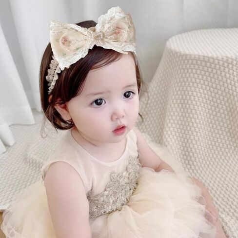 Baby Girls Hairband White Bow Lace Headbands Handmade Soft Stretchy Bowknot Hairbands Newborn Headband with Bows Pearls Elastic Head Band for Newborn Infant(Beige Crown Bow) in Saudi Arabia