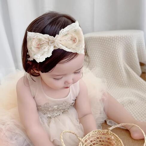 Baby Girls Hairband White Bow Lace Headbands Handmade Soft Stretchy Bowknot Hairbands Newborn Headband with Bows Pearls Elastic Head Band for Newborn Infant(Beige Crown Bow) in Saudi Arabia