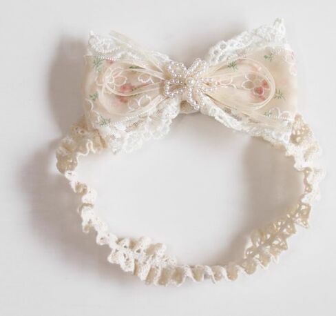 Baby Girls Hairband White Bow Lace Headbands Handmade Soft Stretchy Bowknot Hairbands Newborn Headband with Bows Pearls Elastic Head Band for Newborn Infant(Beige Crown Bow) in Saudi Arabia