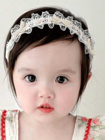 Baby Girls Hairband White Bow Lace Headbands Handmade Soft Stretchy Bowknot Hairbands Newborn Headband with Bows Pearls Elastic Head Band for Newborn Infant(Beige Crown Bow) in Saudi Arabia