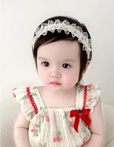 Baby Girls Hairband White Bow Lace Headbands Handmade Soft Stretchy Bowknot Hairbands Newborn Headband with Bows Pearls Elastic Head Band for Newborn Infant(Beige Crown Bow) in Saudi Arabia