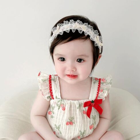 Baby Girls Hairband White Bow Lace Headbands Handmade Soft Stretchy Bowknot Hairbands Newborn Headband with Bows Pearls Elastic Head Band for Newborn Infant(Beige Crown Bow) in Saudi Arabia