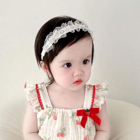 Baby Girls Hairband White Bow Lace Headbands Handmade Soft Stretchy Bowknot Hairbands Newborn Headband with Bows Pearls Elastic Head Band for Newborn Infant(Beige Crown Bow) in Saudi Arabia