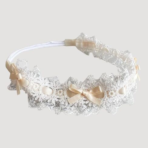 Baby Girls Hairband White Bow Lace Headbands Handmade Soft Stretchy Bowknot Hairbands Newborn Headband with Bows Pearls Elastic Head Band for Newborn Infant(Beige Crown Bow) in Saudi Arabia