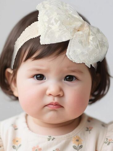 Baby Girls Hairband White Bow Lace Headbands Handmade Soft Stretchy Bowknot Hairbands Newborn Headband with Bows Pearls Elastic Head Band for Newborn Infant(Beige Crown Bow) in Saudi Arabia
