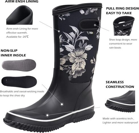 WTW Womens Mid Calf Rain Boots - مقاوم للماء Neoprene Rubber Boots Mud Outdoor Hunting Garden Boots in Kuwait