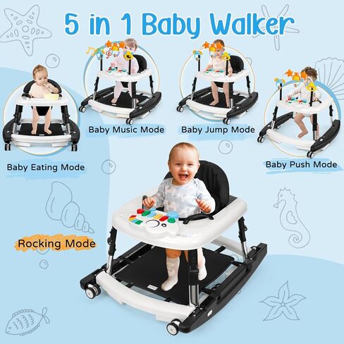 5-in-1 Music and Lights Baby Walker قابلة للطي مع 5 ارتفاعات قابلة للتعديل ، مشاة الأطفال مع عجلات وسرد حندس محمول ، طفل الأطفال الرضع لصالح Baby Boy Girls من 6 إلى 18 شهرًا in Saudi Arabia