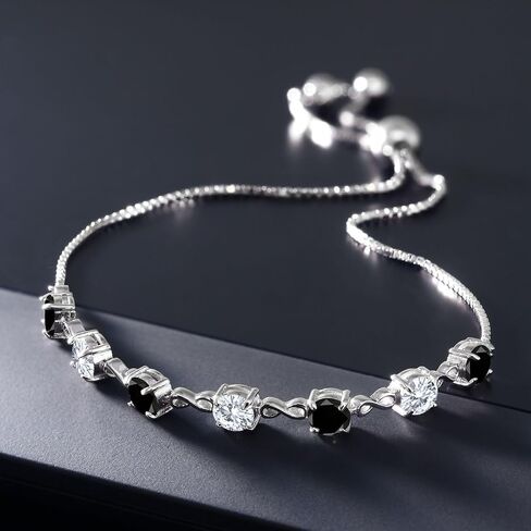 Gem Stone King 925 Sterling Silver Blue Created Sapphire and White Moissanite Tennis Bracelet For Women (2.39 Cttw, Round 4.5MM, Fully Adjustable Up to 9 Inch) in Kuwait
