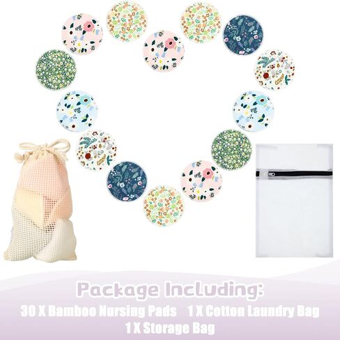 Sosation 30 Pcs Reusable Breast Pads Bamboo Nursing Pads with Wet and Laundry Bag Floral Nipple Favor Breastfeeding Mom Gift(Fresh Pattern) in Saudi Arabia
