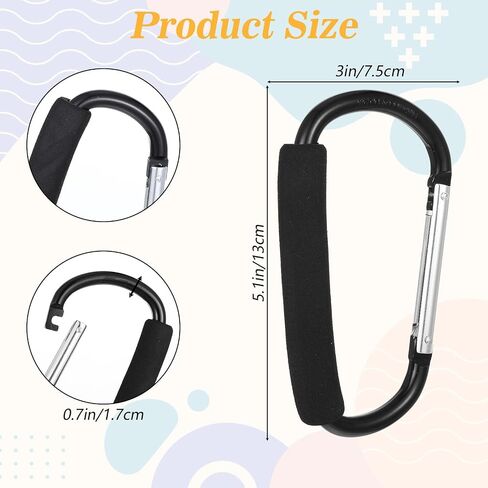 خطاط السنانير لوجود الأعراق لأكياس معلقة والتسوق ، مقطع عربات كبير 5 '' ، إكسسوارات Universal Strollers للأم ، مقطع Carabiner كبير الثقيلة (أسود) in Saudi Arabia