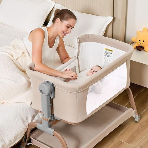 ANGELBLISS 3 in 1 Baby Bassinet, Rocking Bassinets Bedside Sleeper with Comfy Mattress and Wheels, 6 Height Adjustable Easy Folding Portable Bedside Crib for Newborn Infant (Khaki) in Saudi Arabia