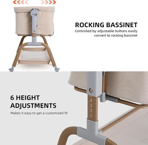 ANGELBLISS 3 in 1 Baby Bassinet, Rocking Bassinets Bedside Sleeper with Comfy Mattress and Wheels, 6 Height Adjustable Easy Folding Portable Bedside Crib for Newborn Infant (Khaki) in Saudi Arabia