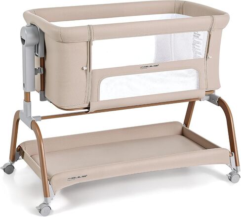ANGELBLISS 3 in 1 Baby Bassinet, Rocking Bassinets Bedside Sleeper with Comfy Mattress and Wheels, 6 Height Adjustable Easy Folding Portable Bedside Crib for Newborn Infant (Khaki) in Saudi Arabia
