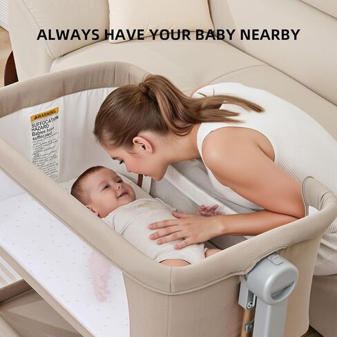 ANGELBLISS 3 in 1 Baby Bassinet, Rocking Bassinets Bedside Sleeper with Comfy Mattress and Wheels, 6 Height Adjustable Easy Folding Portable Bedside Crib for Newborn Infant (Khaki) in Saudi Arabia