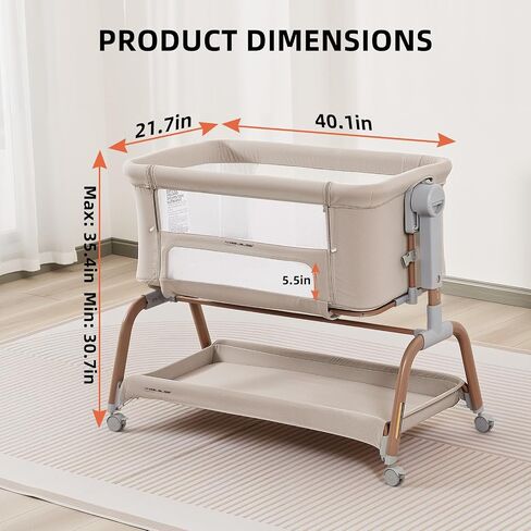 ANGELBLISS 3 in 1 Baby Bassinet, Rocking Bassinets Bedside Sleeper with Comfy Mattress and Wheels, 6 Height Adjustable Easy Folding Portable Bedside Crib for Newborn Infant (Khaki) in Saudi Arabia