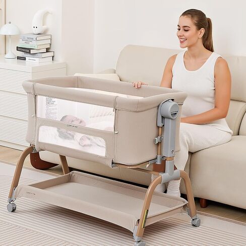 ANGELBLISS 3 in 1 Baby Bassinet, Rocking Bassinets Bedside Sleeper with Comfy Mattress and Wheels, 6 Height Adjustable Easy Folding Portable Bedside Crib for Newborn Infant (Khaki) in Saudi Arabia