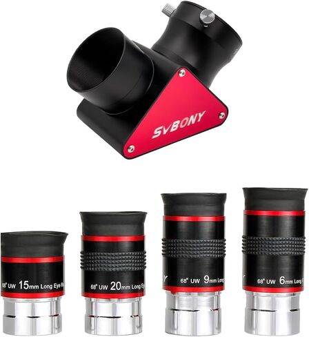 SVBONY SV188P Dielectric Mirror Star Diagonal, 90 Degree Mirror Diagonal 99% Reflectivity Dielectric Coatings Bundle with 1.25 68 Degree Ultra Wide Angle Eyepiece Set for Astronomical Obervation in Saudi Arabia