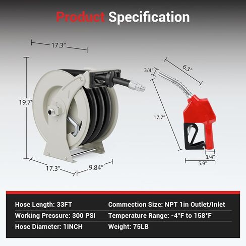 بكرة خرطوم وقود الديزل 3/4 '' × 50 قدم مع فوهة وقود ، بكرة خرطوم الوقود 300PSI قابلة للتراجع عن طريق البناء الصلب الصناعي الثقيل in Kuwait