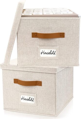 ZICOTO Decorative File Organizer Box Set of 2 - Collapsible Linen Filing Cabinets w/Handles Are Perfect to Store all Your Documents & Hanging File Folders - Portable Easy Slide Crates with Lid in Kuwait