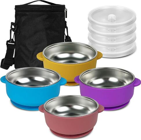 BRYSEVCO Toddler Bowls – Elegant Stainless Steel Feeding Set with 4 Suction Bowls, Lids & Travel Bag – BPA-Free, Spill-Resistant & Dishwasher-Safe in Saudi Arabia