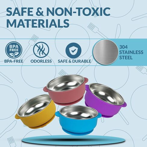 BRYSEVCO Toddler Bowls – Elegant Stainless Steel Feeding Set with 4 Suction Bowls, Lids & Travel Bag – BPA-Free, Spill-Resistant & Dishwasher-Safe in Saudi Arabia