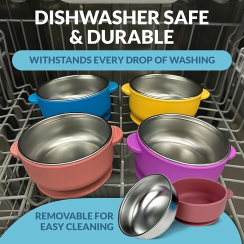 BRYSEVCO Toddler Bowls – Elegant Stainless Steel Feeding Set with 4 Suction Bowls, Lids & Travel Bag – BPA-Free, Spill-Resistant & Dishwasher-Safe in Saudi Arabia