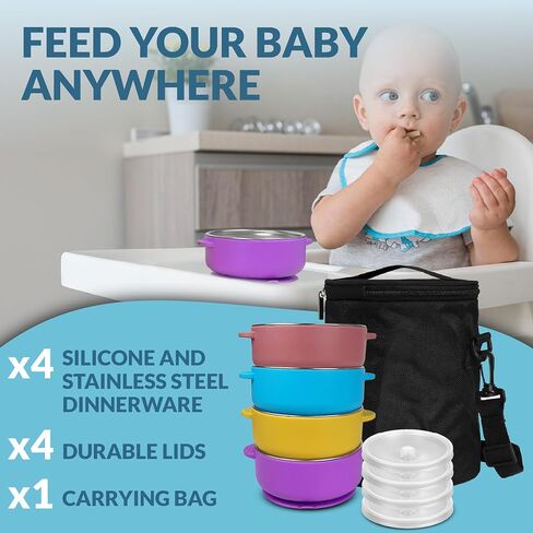 BRYSEVCO Toddler Bowls – Elegant Stainless Steel Feeding Set with 4 Suction Bowls, Lids & Travel Bag – BPA-Free, Spill-Resistant & Dishwasher-Safe in Saudi Arabia
