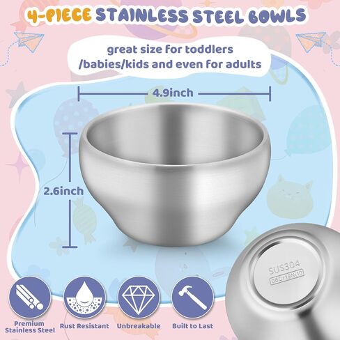 Teamfar Stainsit Steel Bowls for Kids ، 12oz Metal Baby Bowls مجموعة من 4 ، وعاء أطفال مزدوج الجدار للحبوب/الوجبات الخفيفة/الحساء ، غير سامة ، آمنة in Kuwait