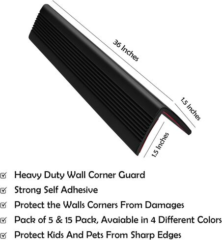 Rubber Bond Wall Corner Guard Edge Protector, Baby Proofing Corner Guards | Self-Adhesive Furniture Edge Strips for Home & Office (Black, 5 Pack) in Kuwait