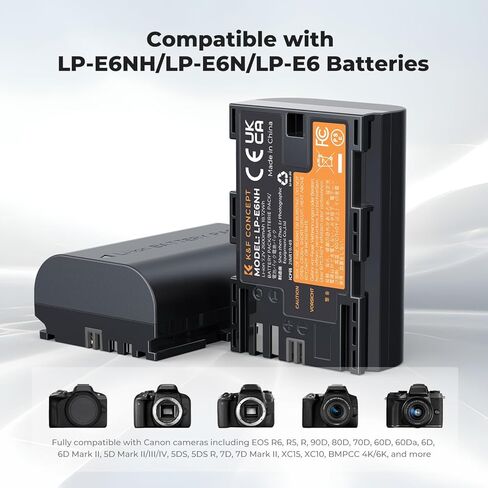 K&F Concept LP-E6NH بديل بطارية ومجموعة الشاحن ، بطاريات 2 2600 مللي أمبير في الساعة Canon EOS R6 R5 5D MARK II/III/IV 6D 6D MARK II 7D II 90D 70D in Kuwait