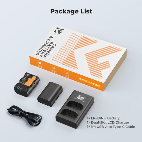 K&F Concept LP-E6NH بديل بطارية ومجموعة الشاحن ، بطاريات 2 2600 مللي أمبير في الساعة Canon EOS R6 R5 5D MARK II/III/IV 6D 6D MARK II 7D II 90D 70D in Kuwait