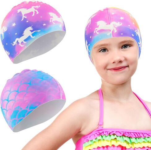 2 Pack Kids Swim Cap Durable Silicone Swim Caps for Boys Girls Toddler Waterproof Bathing Pool Swimming Caps Comfortable Kids Mermaid Unicorn Swimming Hats for Long and Short Hair in Saudi Arabia