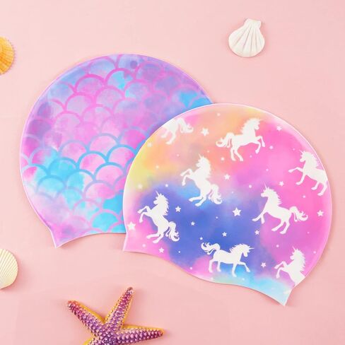 2 Pack Kids Swim Cap Durable Silicone Swim Caps for Boys Girls Toddler Waterproof Bathing Pool Swimming Caps Comfortable Kids Mermaid Unicorn Swimming Hats for Long and Short Hair in Saudi Arabia