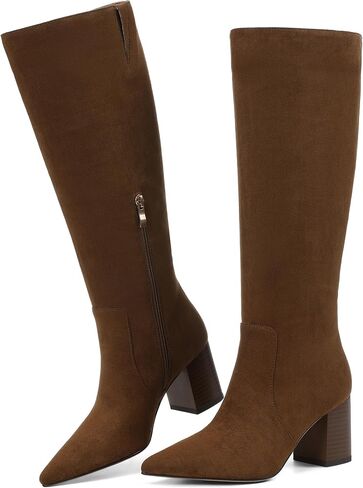 Celnepho Knee Boots High Boots مدببة إصبع القدم عجل عجل طويل القامة أحذية مكتنزة كتلة عالية الكعب طويل أحذية طويلة السوستة الجانبية الأحذية in Kuwait