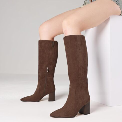 Celnepho Knee Boots High Boots مدببة إصبع القدم عجل عجل طويل القامة أحذية مكتنزة كتلة عالية الكعب طويل أحذية طويلة السوستة الجانبية الأحذية in Kuwait