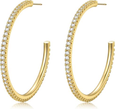 925 Sterling Silver Earrings Large Rhinestone Hoop Earrings Big Cubic Zirconia Hoop Earrings Thin Rhinestones Round Hoop Earrings for Women 20/30/40/50/60/70mm Sparkly Hoops With Crystals for Girl in Kuwait