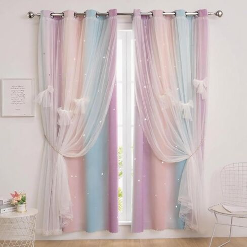 2 Panels Princess Girl Curtains for Bedroom, Rainbow Darkening Curtains for Kids Girls Room, Double Layer Hollow Star Window Decor, UV Protection and Insulation (Pink Purple Green, W52 X L84) in Saudi Arabia