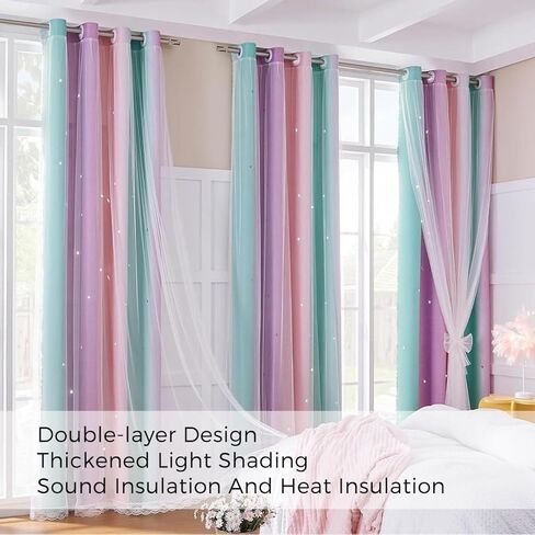2 Panels Princess Girl Curtains for Bedroom, Rainbow Darkening Curtains for Kids Girls Room, Double Layer Hollow Star Window Decor, UV Protection and Insulation (Pink Purple Green, W52 X L84) in Saudi Arabia