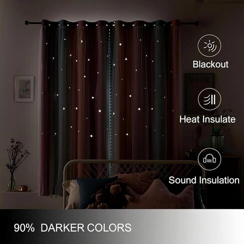 2 Panels Princess Girl Curtains for Bedroom, Rainbow Darkening Curtains for Kids Girls Room, Double Layer Hollow Star Window Decor, UV Protection and Insulation (Pink Purple Green, W52 X L84) in Saudi Arabia