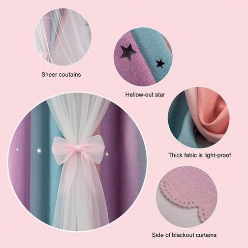 2 Panels Princess Girl Curtains for Bedroom, Rainbow Darkening Curtains for Kids Girls Room, Double Layer Hollow Star Window Decor, UV Protection and Insulation (Pink Purple Green, W52 X L84) in Saudi Arabia