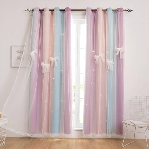 2 Panels Princess Girl Curtains for Bedroom, Rainbow Darkening Curtains for Kids Girls Room, Double Layer Hollow Star Window Decor, UV Protection and Insulation (Pink Purple Green, W52 X L84) in Saudi Arabia