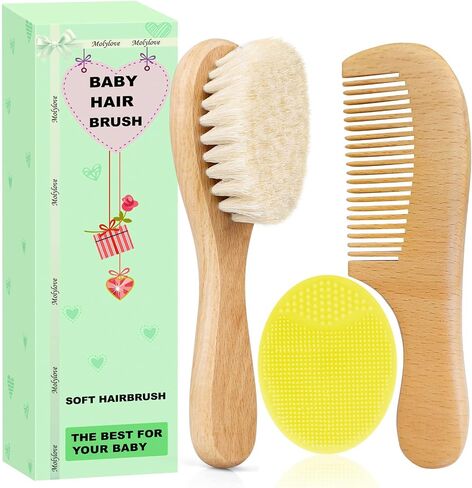 Baby Hair Brush with Wooden Handle and Comb Set for Newborns & Toddlers | Natural Soft Goat Bristles l Wood Comb l Blue Cradle Cap Brush| Ideal for Cradle Cap (3 Piece) in Saudi Arabia