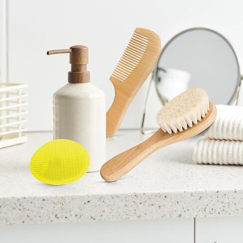 Baby Hair Brush with Wooden Handle and Comb Set for Newborns & Toddlers | Natural Soft Goat Bristles l Wood Comb l Blue Cradle Cap Brush| Ideal for Cradle Cap (3 Piece) in Saudi Arabia