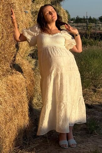 PinkBlush Smocked Puff Sleeve Maternity Maxi Dress in Saudi Arabia