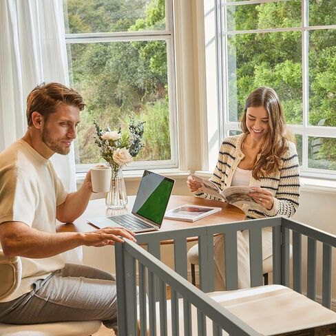 EvoNook 6-in-1 Convertible Mini Crib, 100% New Zealand Wood, 4 Adjustable Mattress Heights, Crib with Mattress, Washed Natural in Kuwait