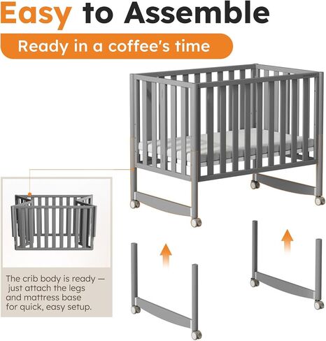 EvoNook 6-in-1 Convertible Mini Crib, 100% New Zealand Wood, 4 Adjustable Mattress Heights, Crib with Mattress, Washed Natural in Kuwait